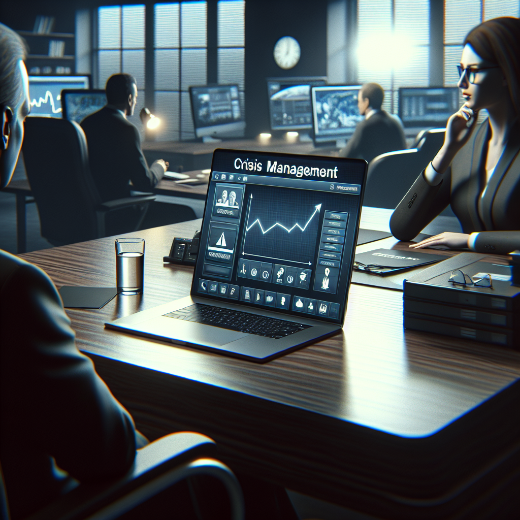 Un bureau avec un ordinateur portable affichant un site web de gestion de crise.