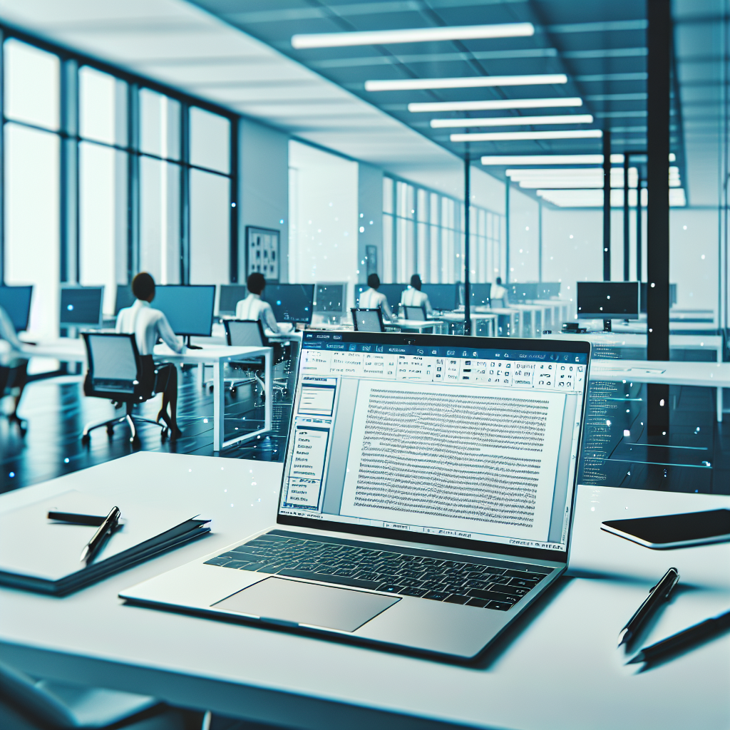 Un bureau moderne avec un ordinateur portable ouvert sur un éditeur de texte.