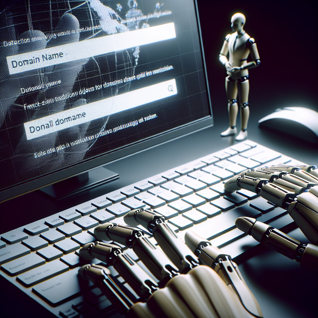 Un clavier d'ordinateur avec un nom de domaine fictif affiché à l'écran.