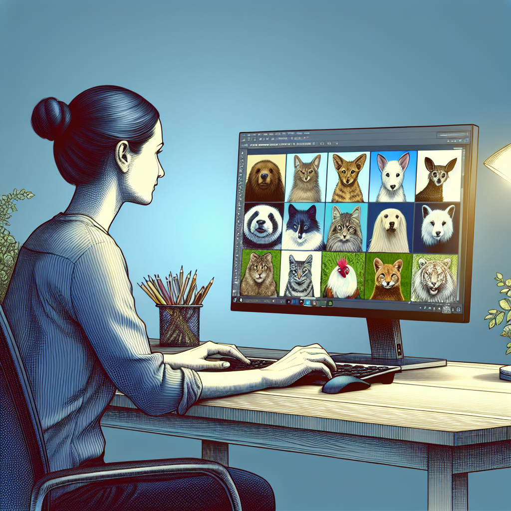 Un designer travaillant sur un ordinateur avec des images d'animaux sur l'écran.