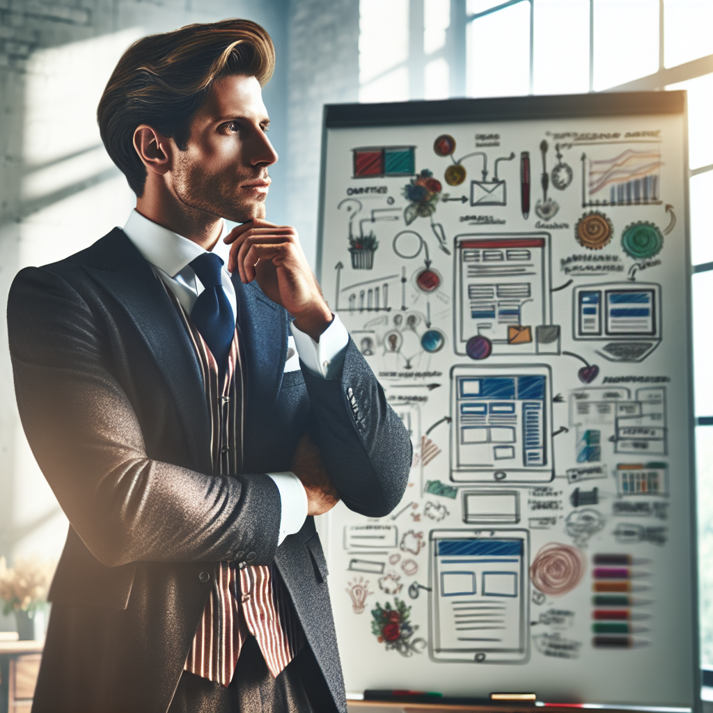 Un entrepreneur réfléchissant aux objectifs de son site web, entouré de croquis et de notes sur un tableau blanc.