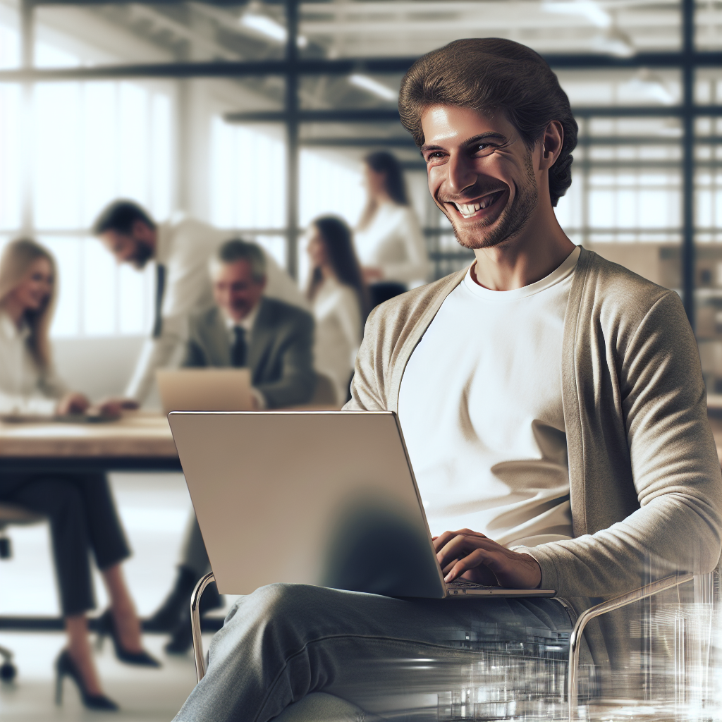 Un entrepreneur souriant utilisant un ordinateur portable dans un bureau moderne.