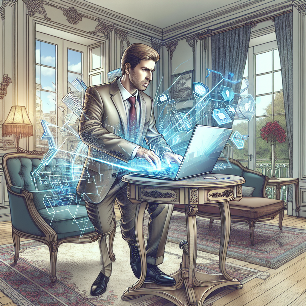 Un entrepreneur utilisant un ordinateur portable avec des éléments de réalité augmentée autour de lui.