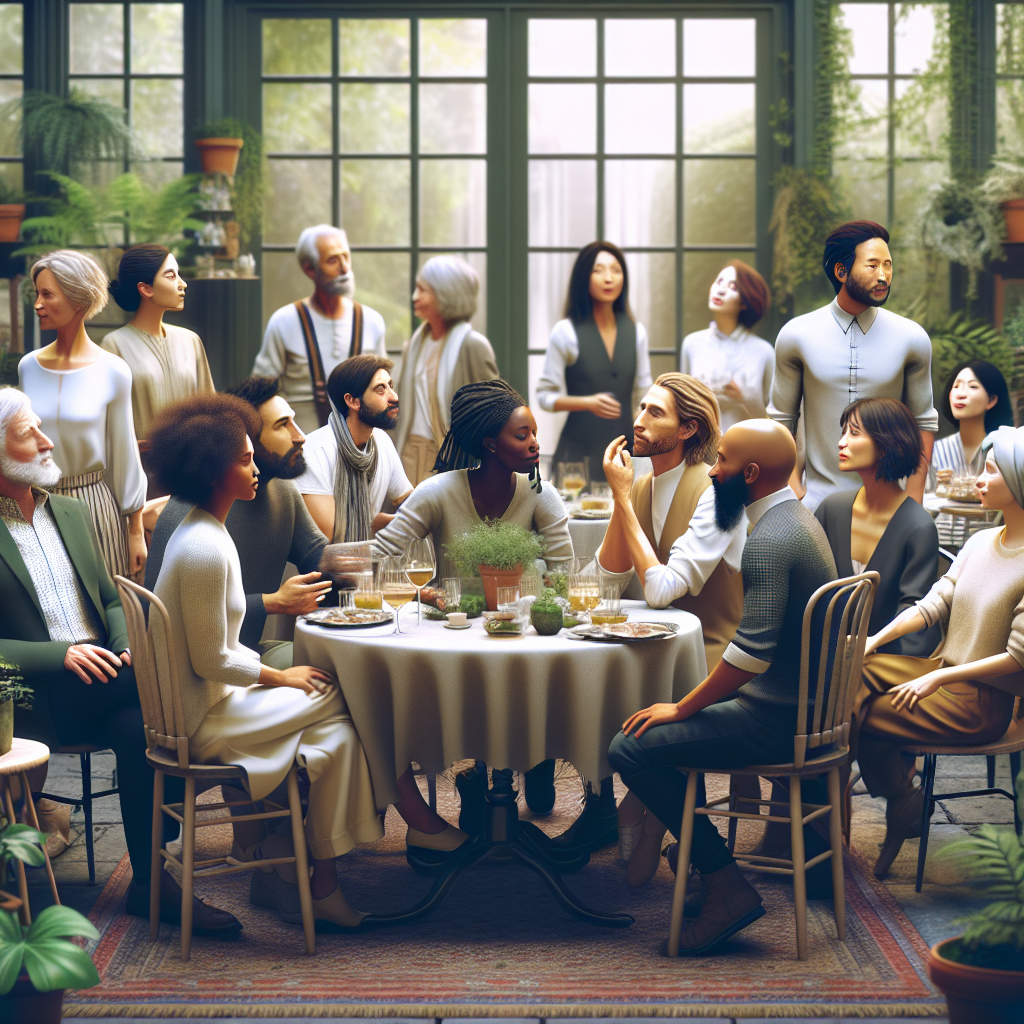 Un groupe de personnes discutant autour d'une table avec des plantes en arrière-plan.