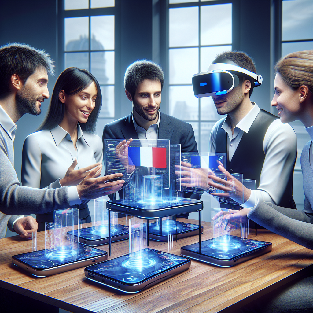 Un groupe de personnes discutant autour d'une table avec des appareils de réalité augmentée.