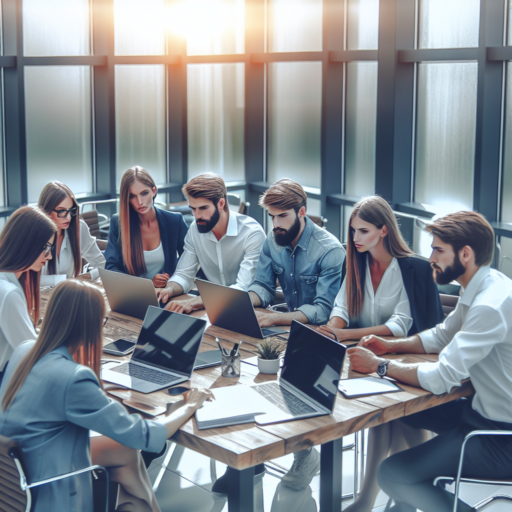 Un groupe de personnes travaillant autour d'une table avec des ordinateurs portables, discutant de stratégies de marketing.