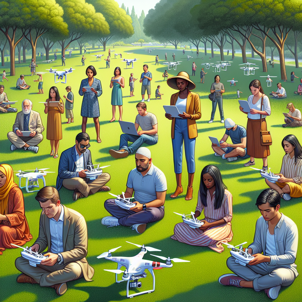 Un groupe diversifié de personnes utilisant des drones dans un parc.