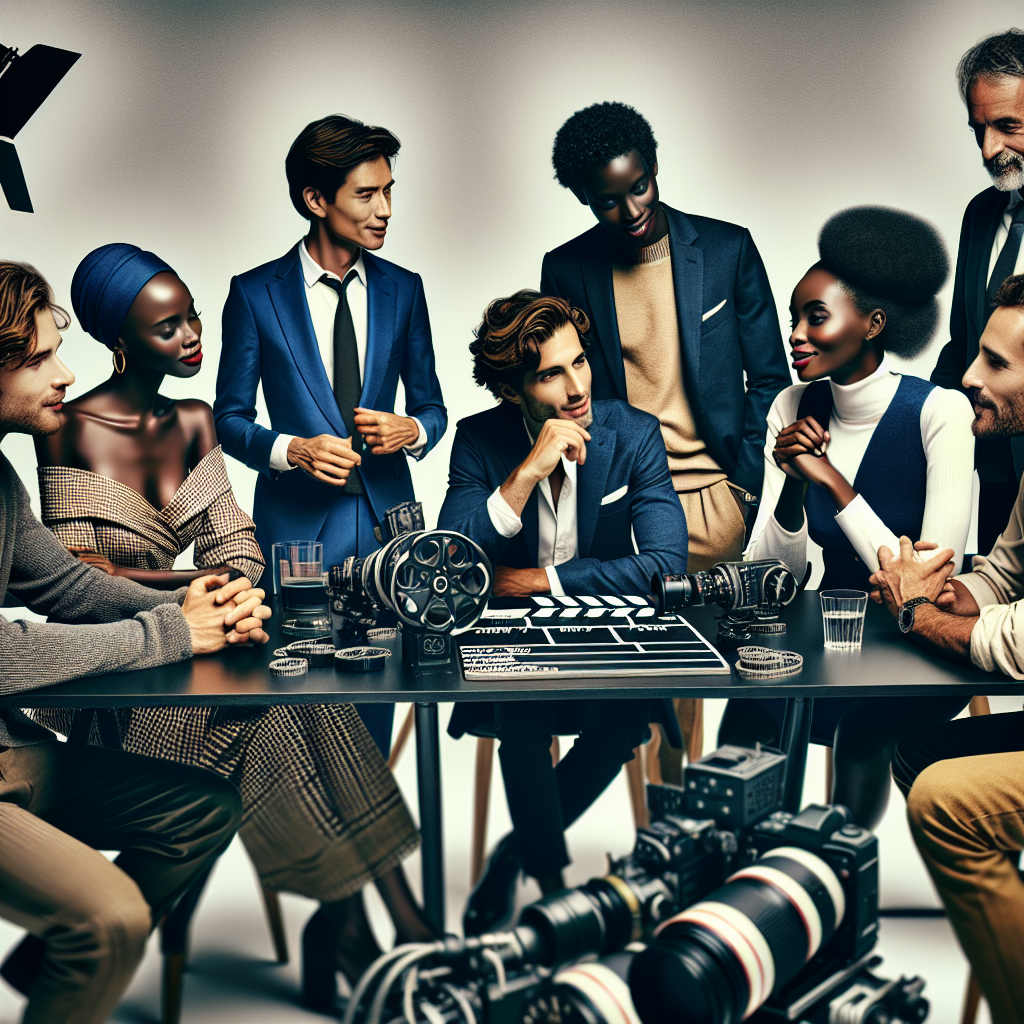 Un groupe diversifié de professionnels du cinéma discutant autour d'une table avec du matériel de tournage.