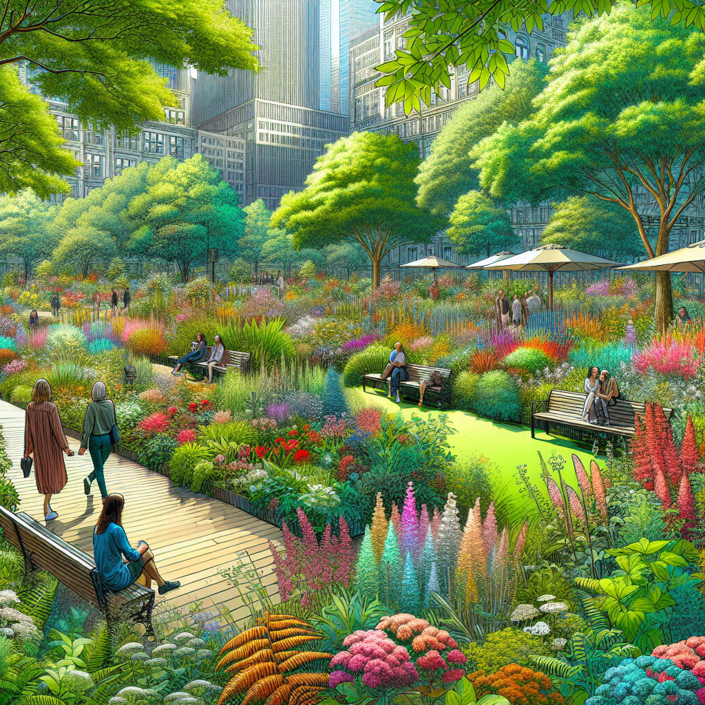 Un jardin urbain luxuriant avec des plantes et des fleurs colorées.