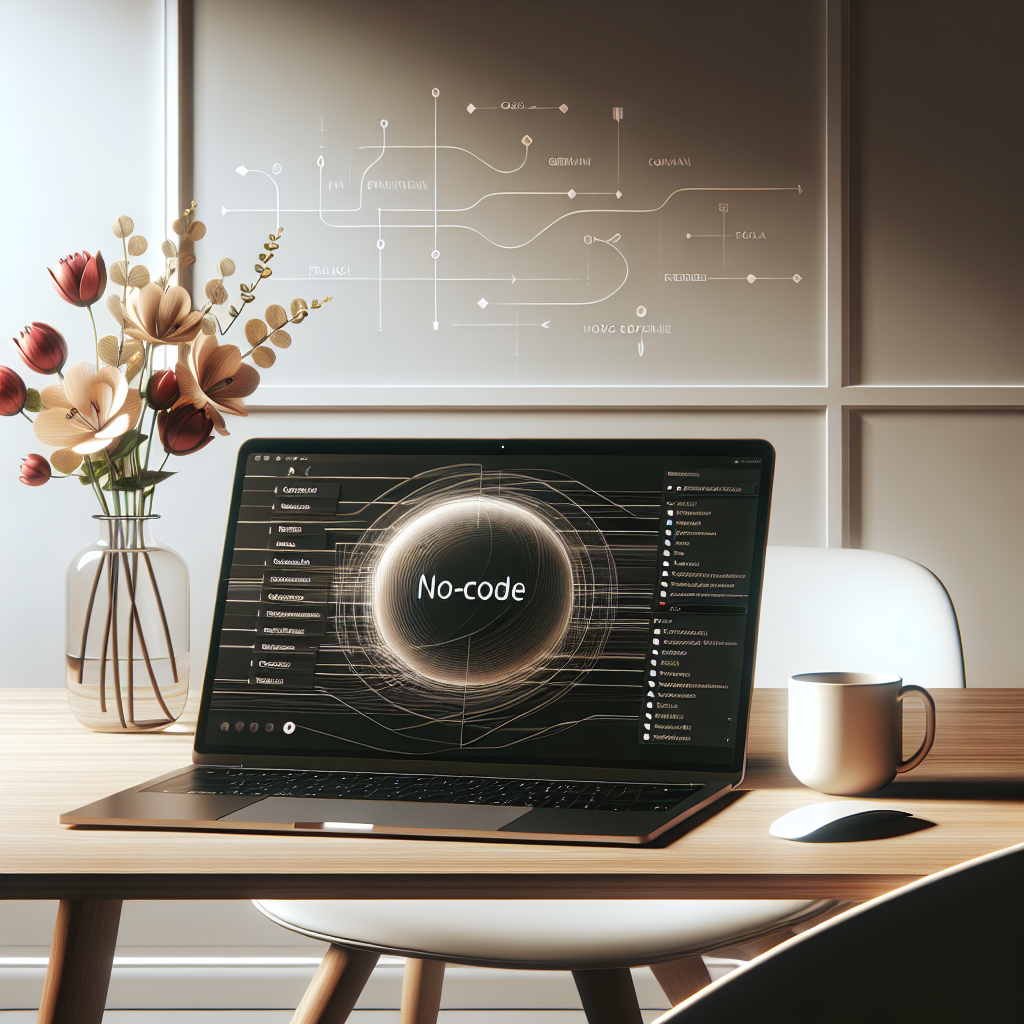 Un ordinateur portable sur un bureau moderne, représentant la simplicité des plateformes no-code.