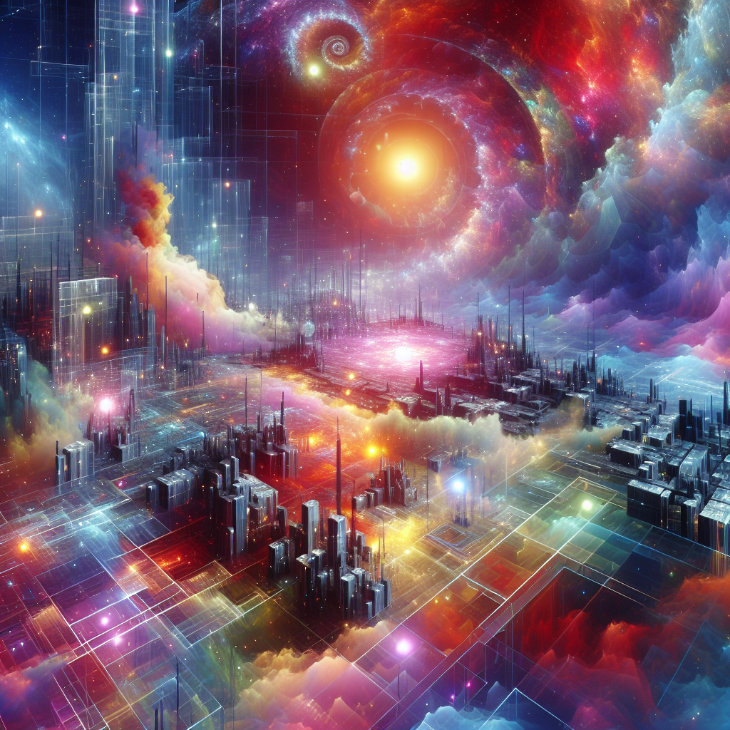 Un paysage numérique abstrait symbolisant le monde virtuel.