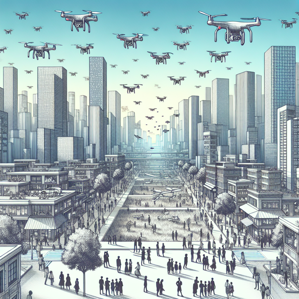 Un paysage urbain avec des drones en vol, symbolisant la modernité et l'innovation.