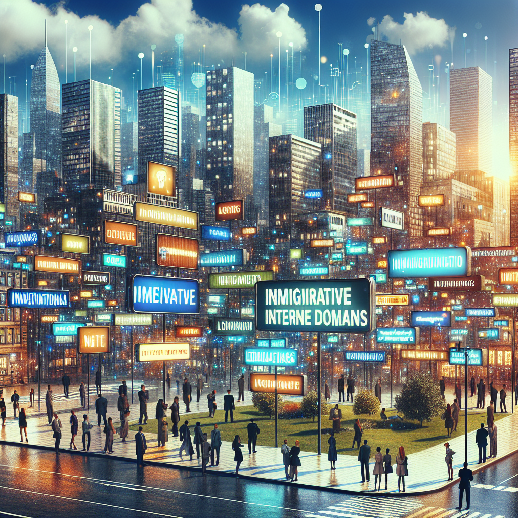 Un paysage urbain avec des panneaux de signalisation indiquant des noms de domaine créatifs.