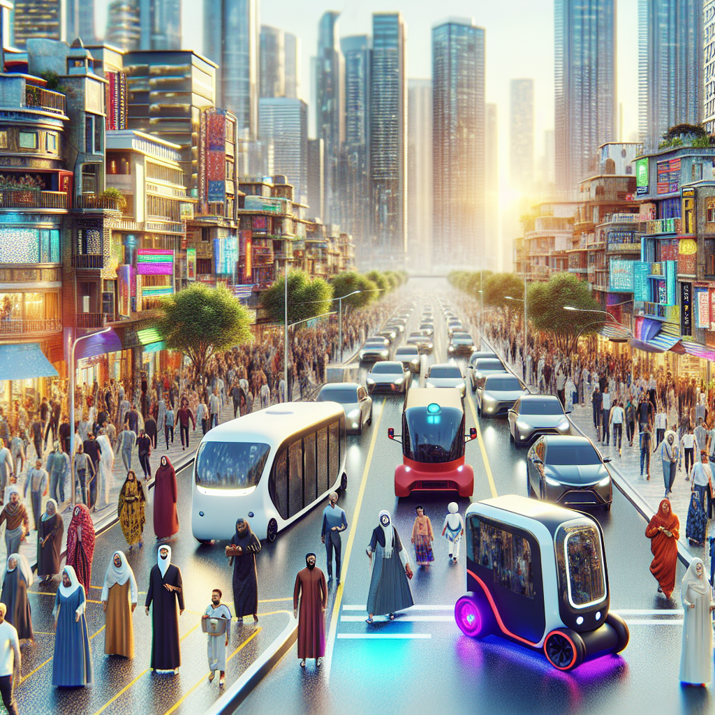 Un paysage urbain moderne avec des véhicules autonomes en circulation.