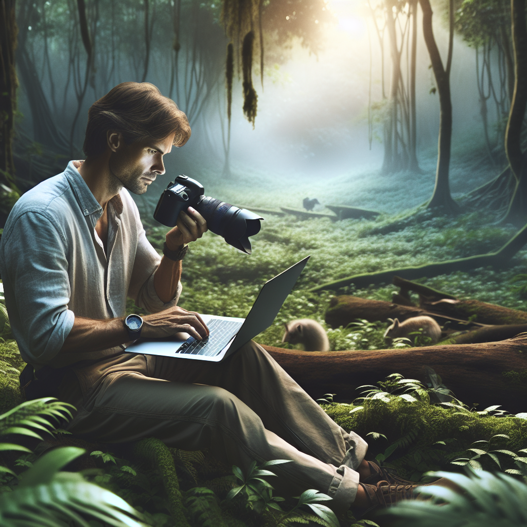 Un photographe animalier travaillant sur son ordinateur portable dans un cadre naturel.