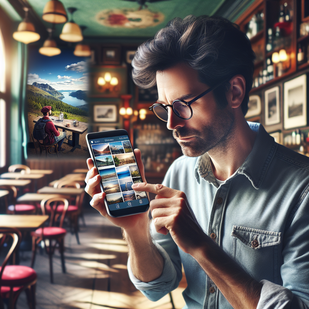 Un photographe partageant ses photos sur un réseau social via un smartphone.