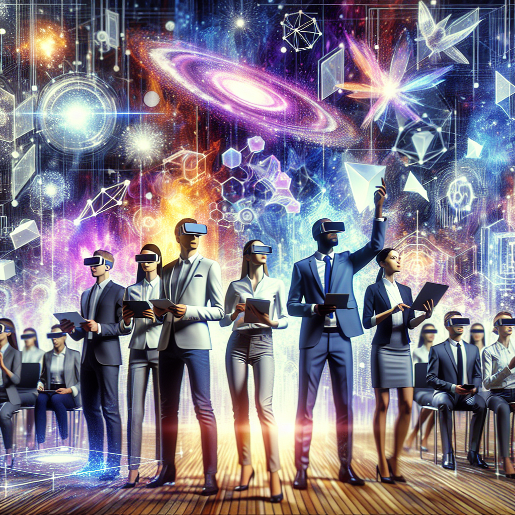 Une entreprise de réalité augmentée en pleine présentation avec des éléments numériques flottant autour.