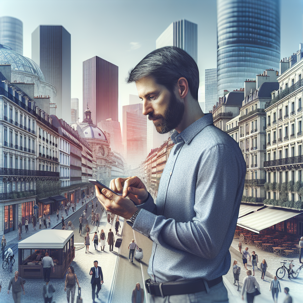 Une personne utilisant un smartphone dans un environnement urbain.