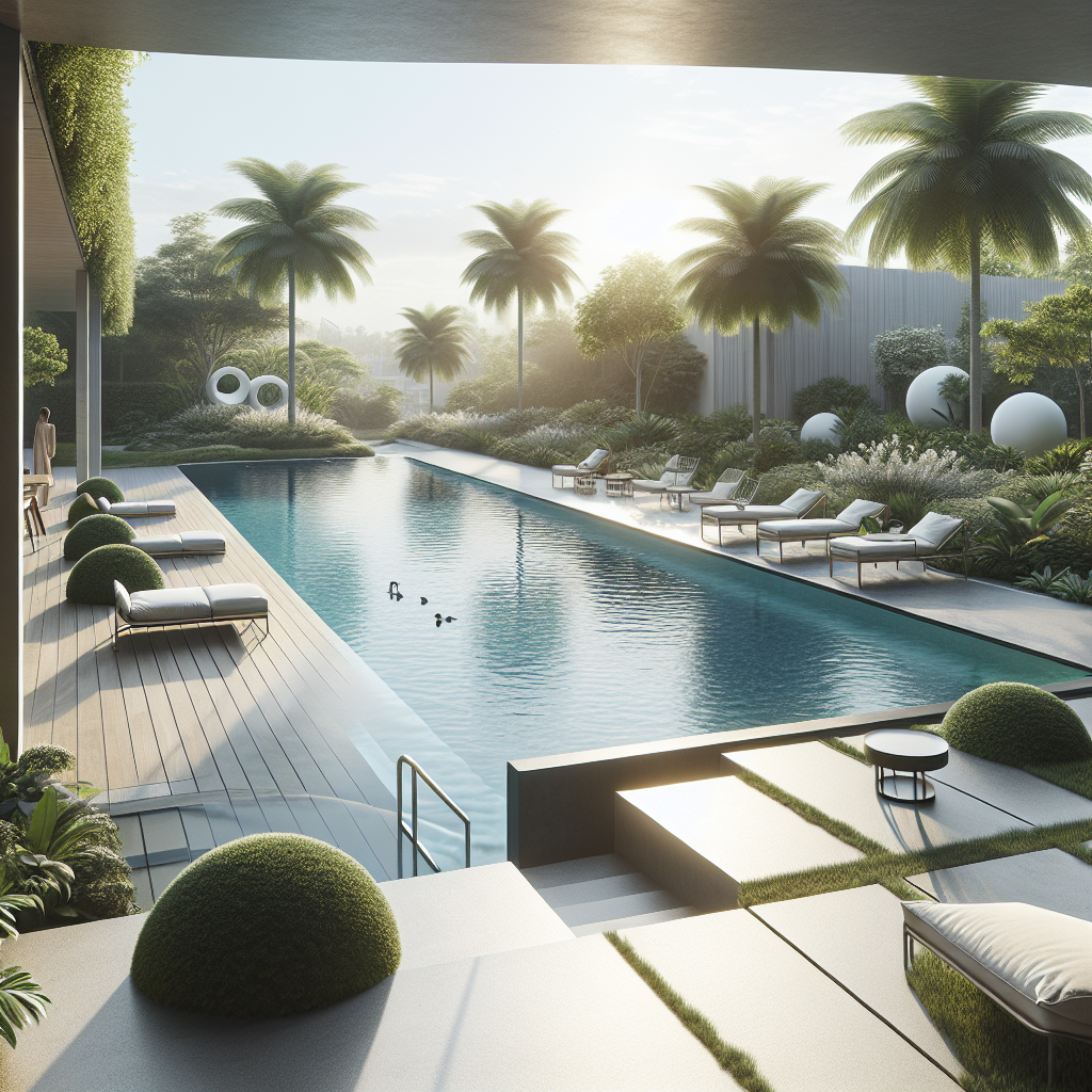 Une piscine propre et bien entretenue dans un jardin moderne.