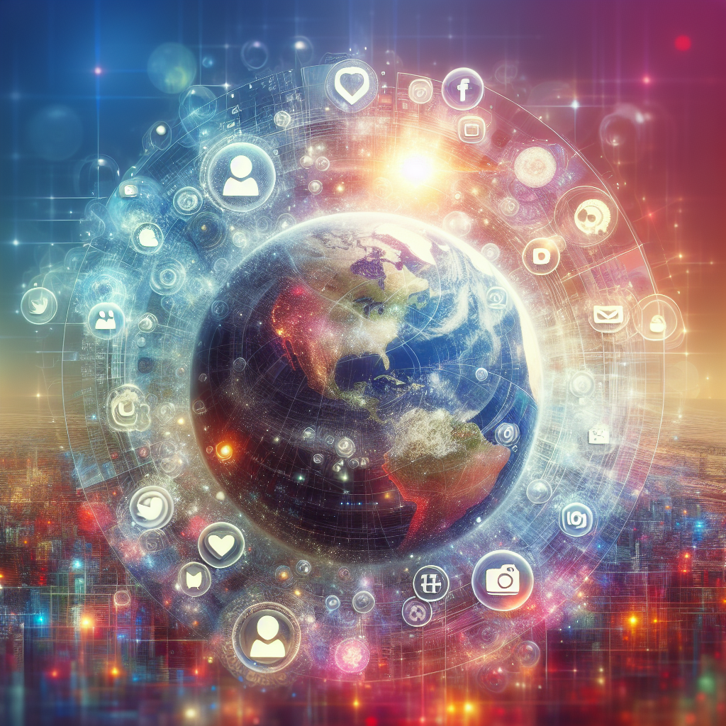 Des icônes de réseaux sociaux entourant un globe terrestre numérique.
