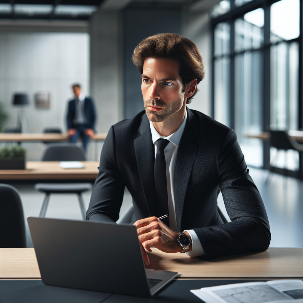 Illustration d'un entrepreneur utilisant un ordinateur portable dans un bureau moderne.