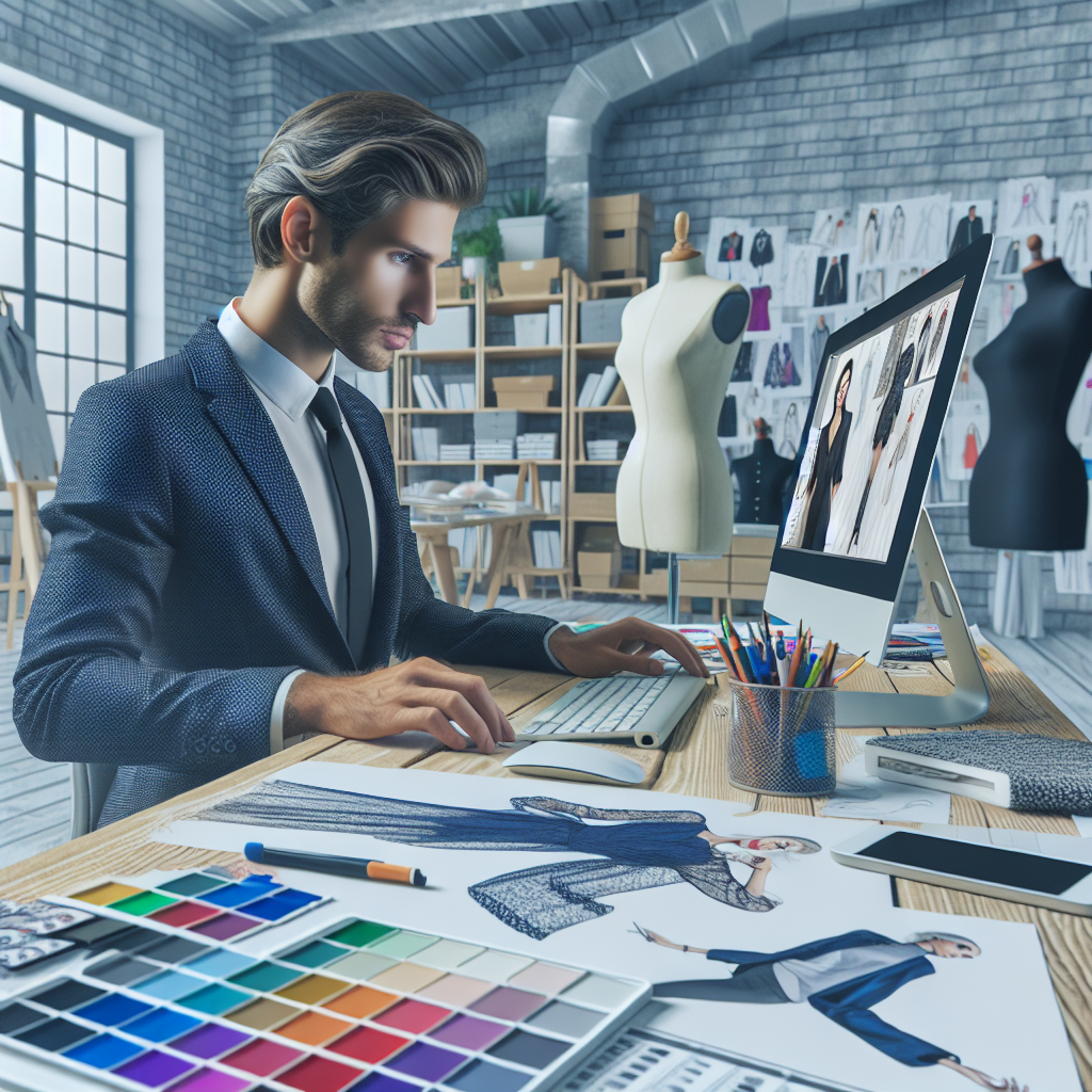 Image d'un designer travaillant sur un ordinateur avec des échantillons de couleurs et des croquis.