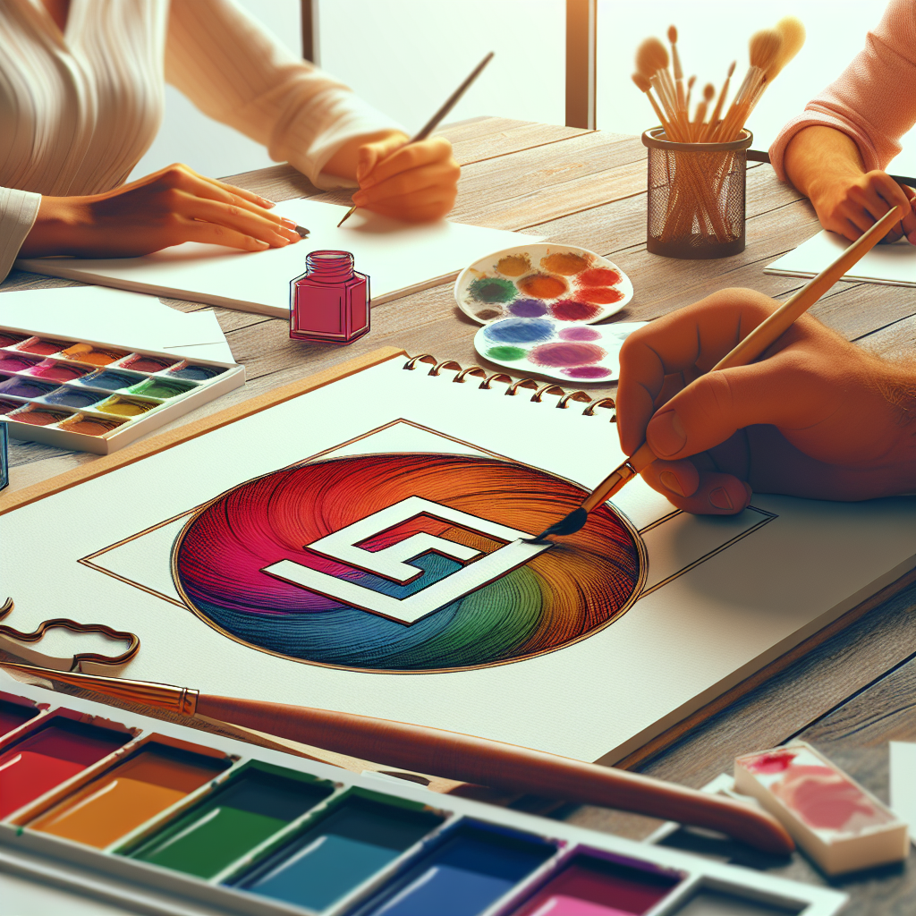 Palette de couleurs et croquis de logo sur une table de travail