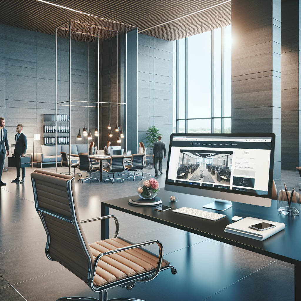 Un bureau moderne avec un ordinateur affichant un site web en construction.