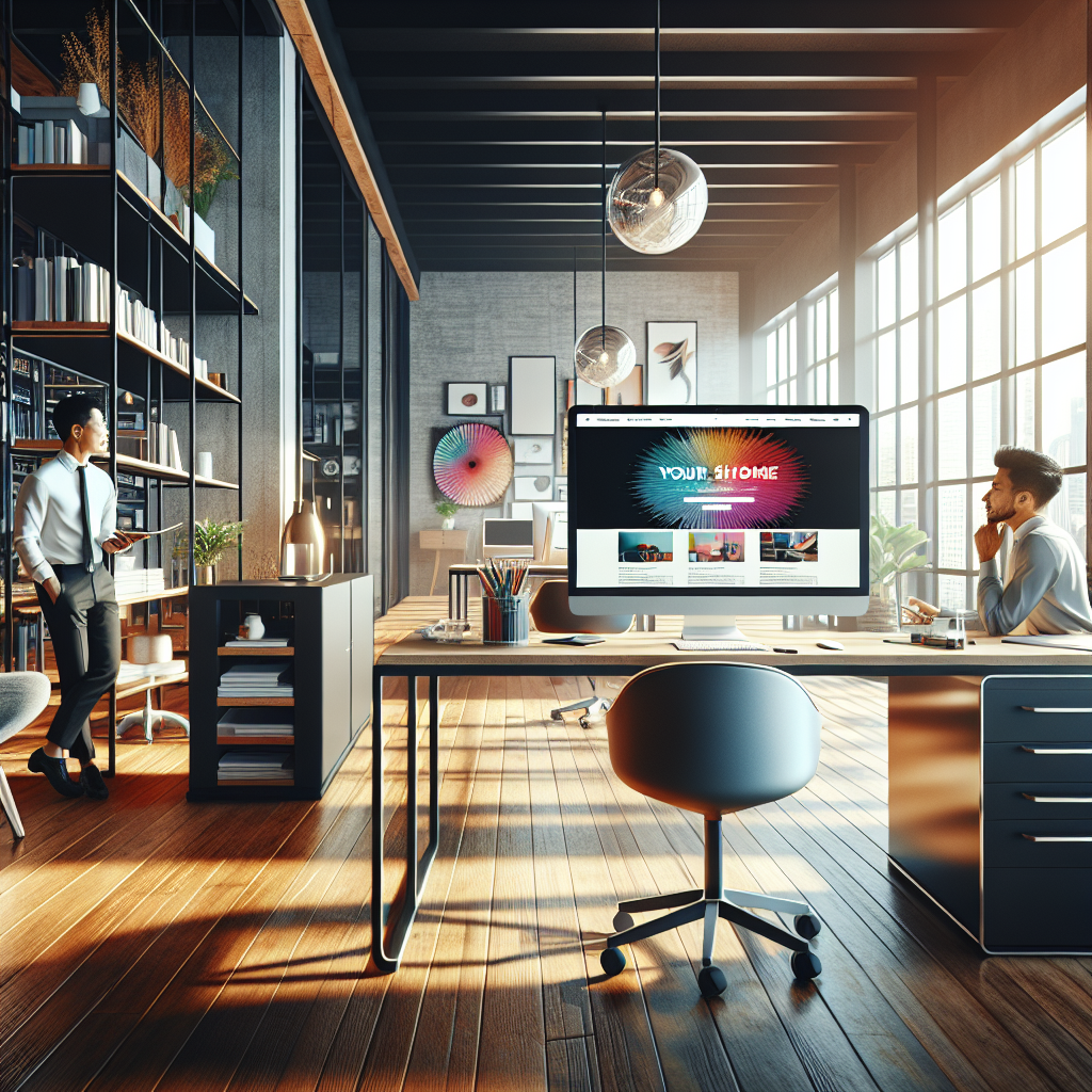 Un bureau moderne avec un ordinateur affichant un site web coloré et attrayant.