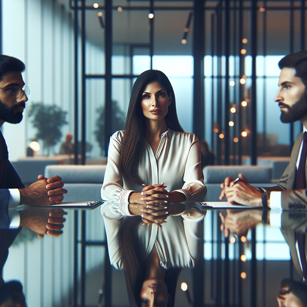 Un consultant discutant avec des clients dans un bureau moderne.