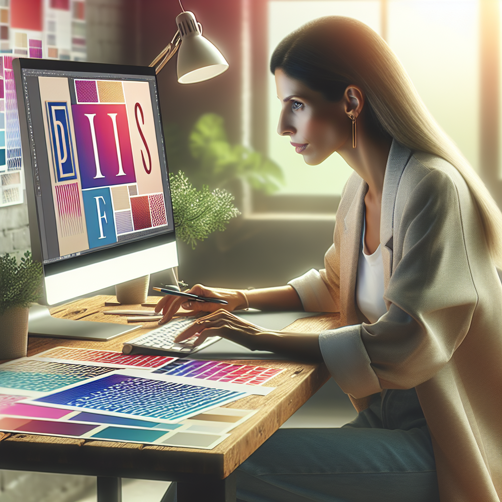 Un designer travaillant sur un ordinateur avec des échantillons de couleurs et de typographies.