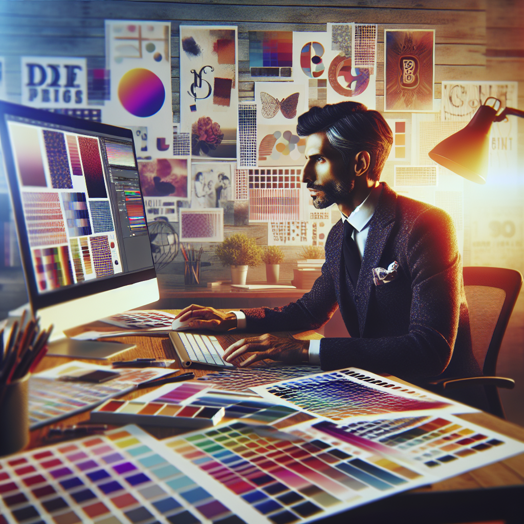 Un designer travaillant sur un ordinateur avec des échantillons de couleurs et de typographies.