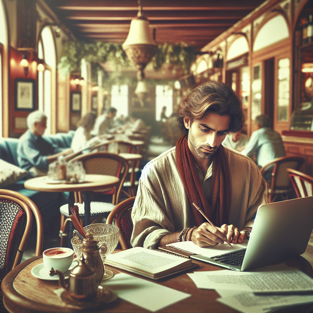Un écrivain travaillant sur un ordinateur portable dans un café.