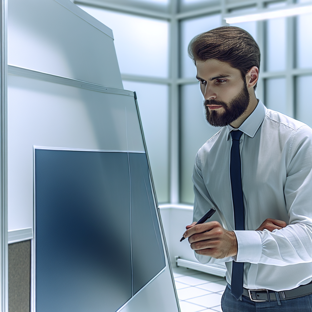 Un entrepreneur prenant des notes sur un tableau blanc.