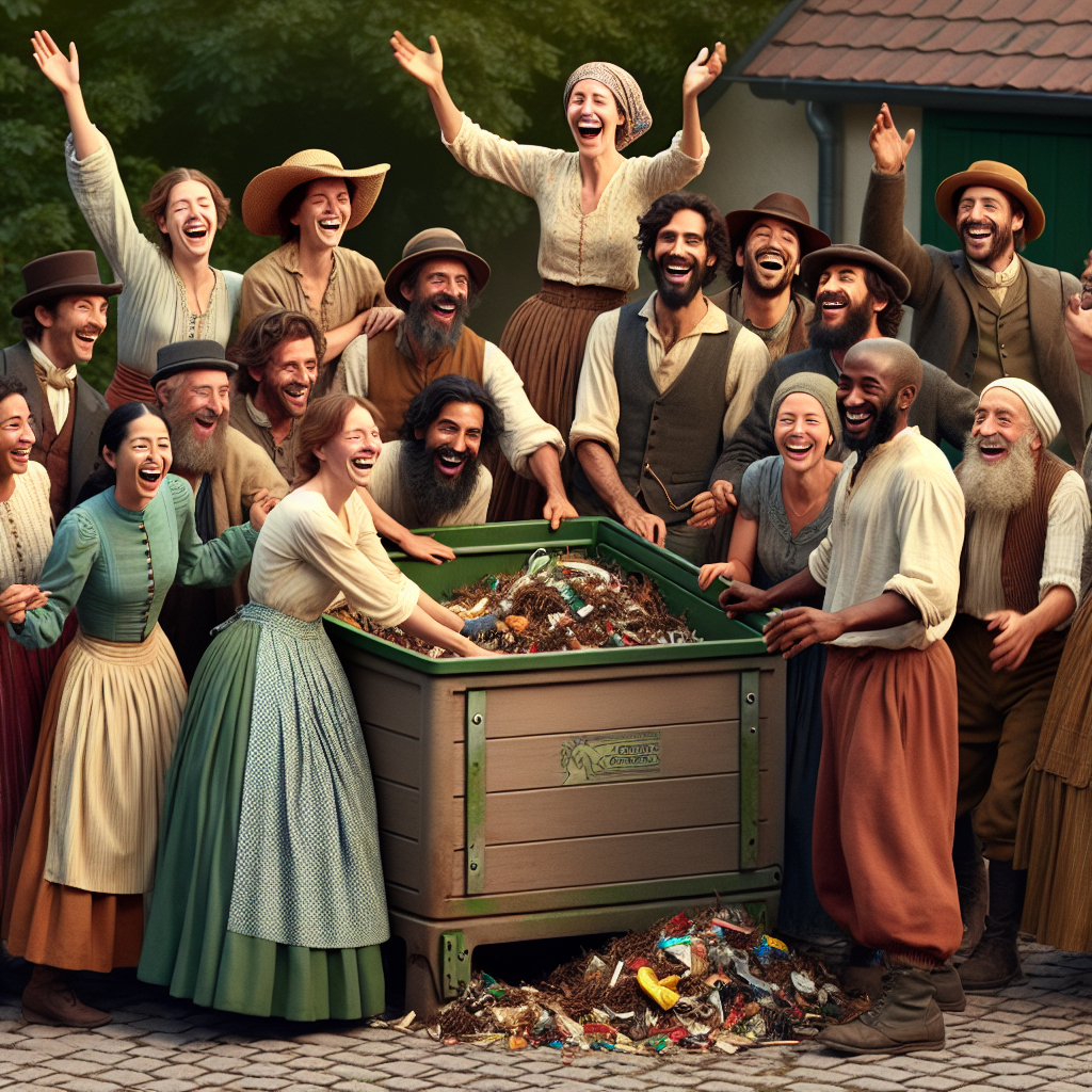 Un groupe de personnes autour d'un composteur, célébrant le succès.