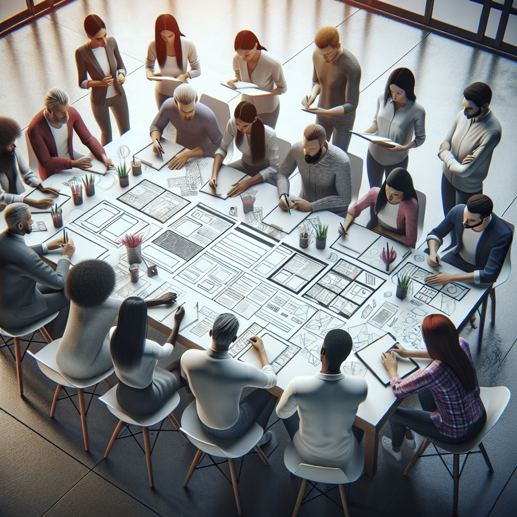 Un groupe diversifié de personnes discutant autour d'une table avec des croquis de site web.