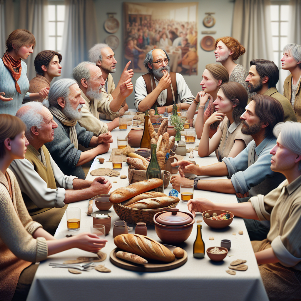 Un groupe diversifié de personnes discutant autour d'une table avec des produits artisanaux.