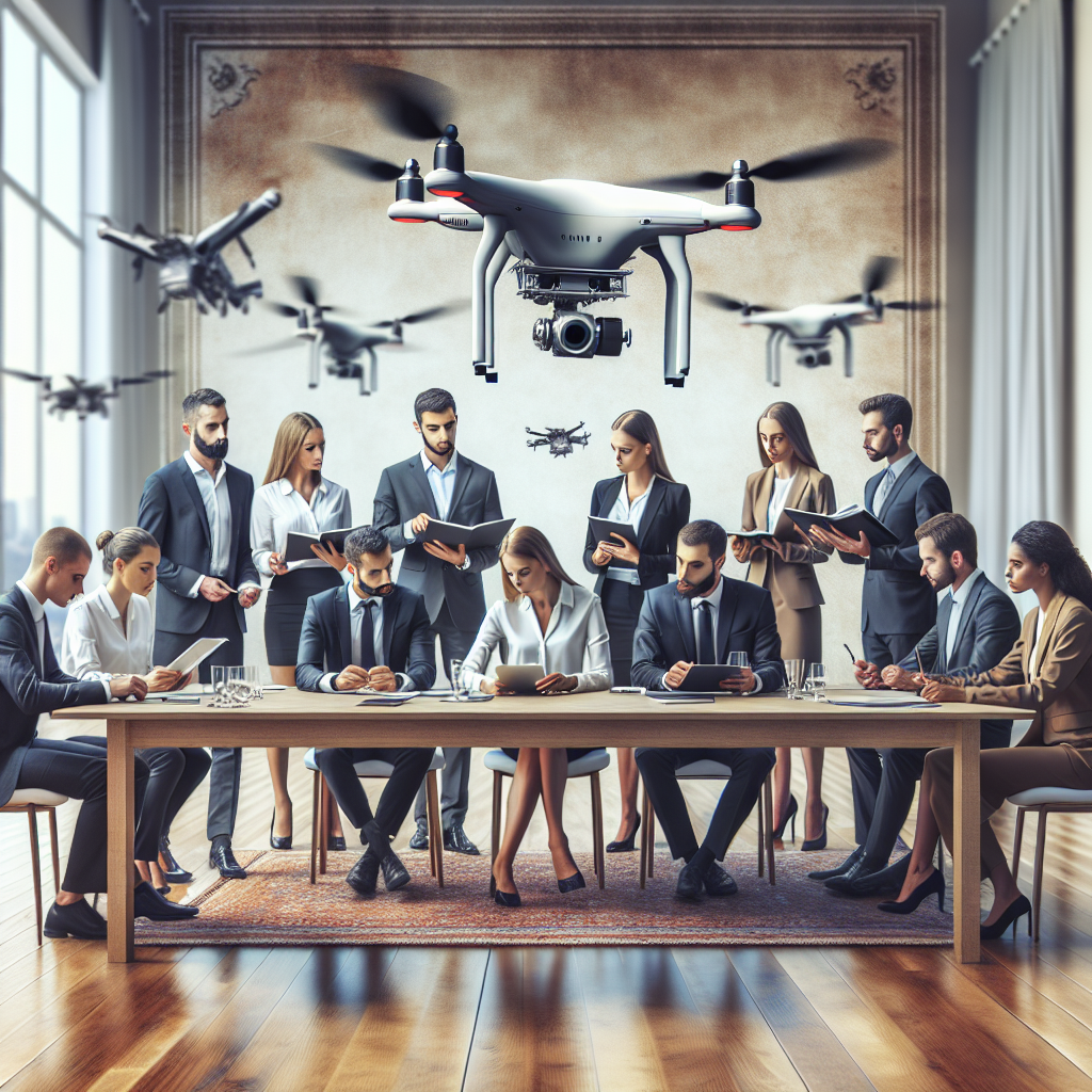 Un groupe diversifié de professionnels discutant autour d'une table avec des drones en arrière-plan.