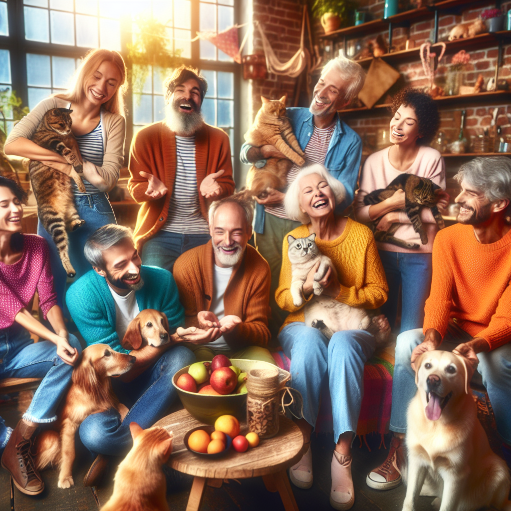 Un groupe diversifié de propriétaires d'animaux avec leurs animaux de compagnie.
