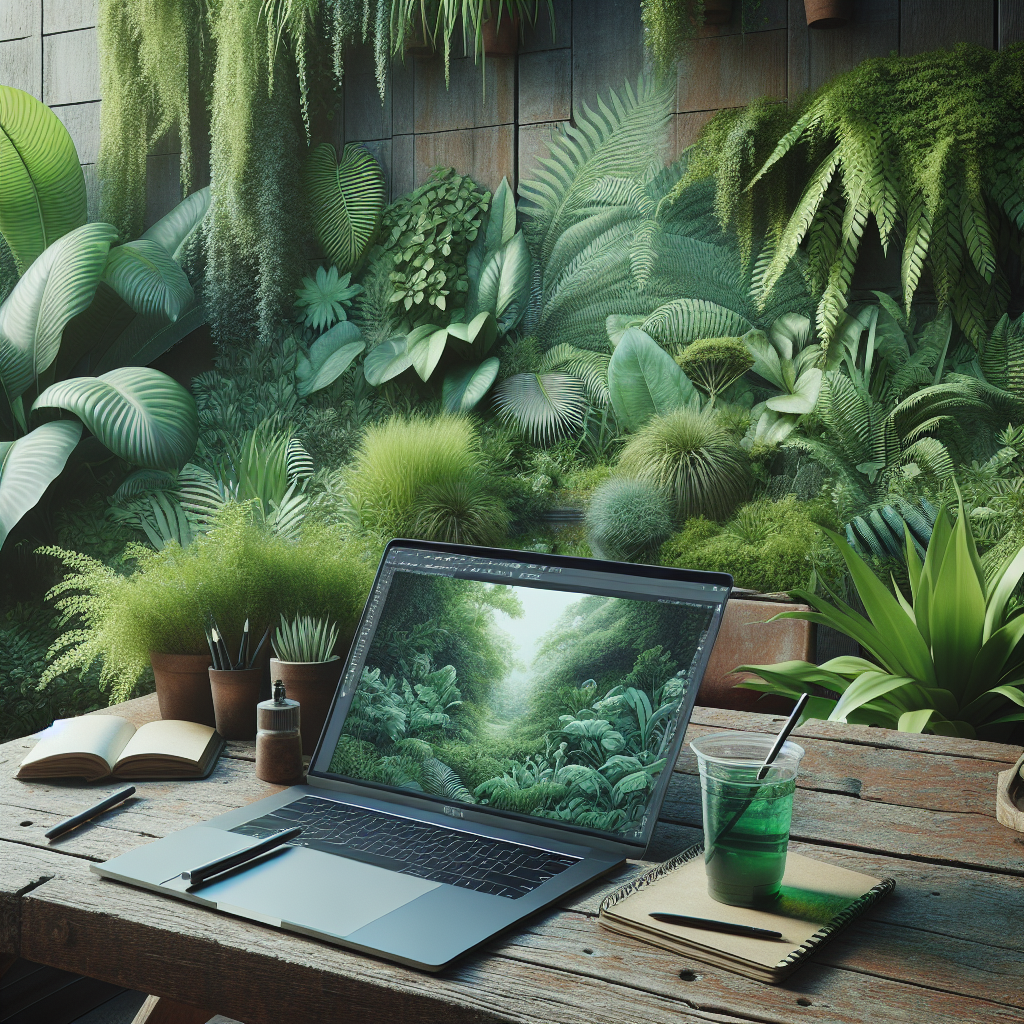 Un ordinateur portable ouvert sur une table en bois, entouré de plantes vertes.