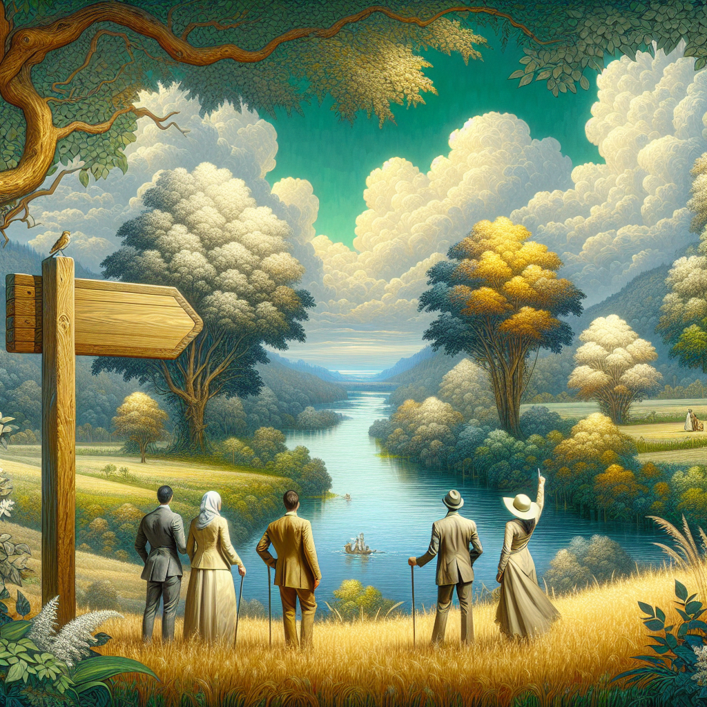 Un paysage naturel avec un panneau indiquant un nom de domaine fictif.