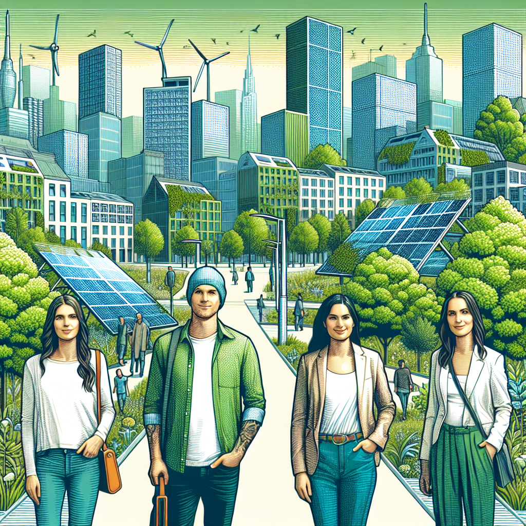 Un paysage urbain avec des éléments écologiques comme des arbres et des panneaux solaires.