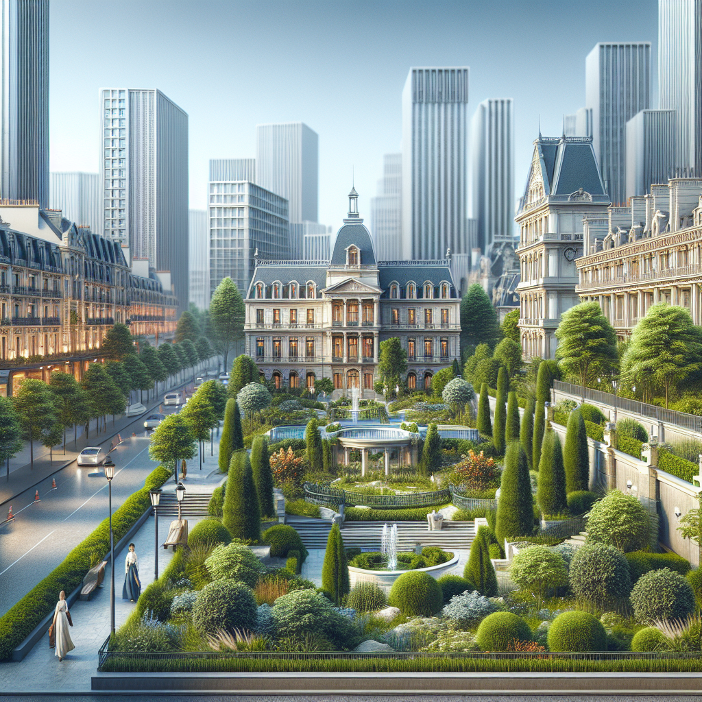 Un paysage urbain avec des jardins en arrière-plan.