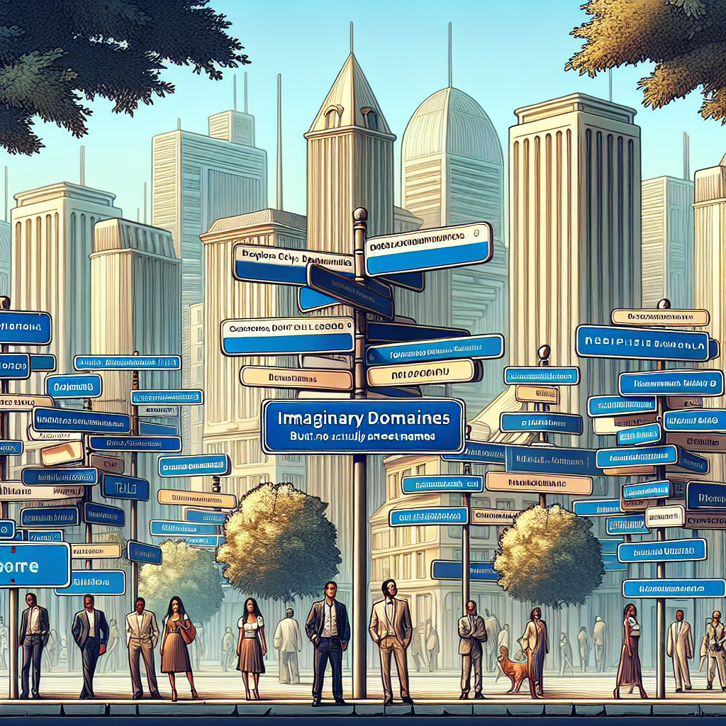 Un paysage urbain avec des panneaux de signalisation indiquant des noms de domaine imaginaires.