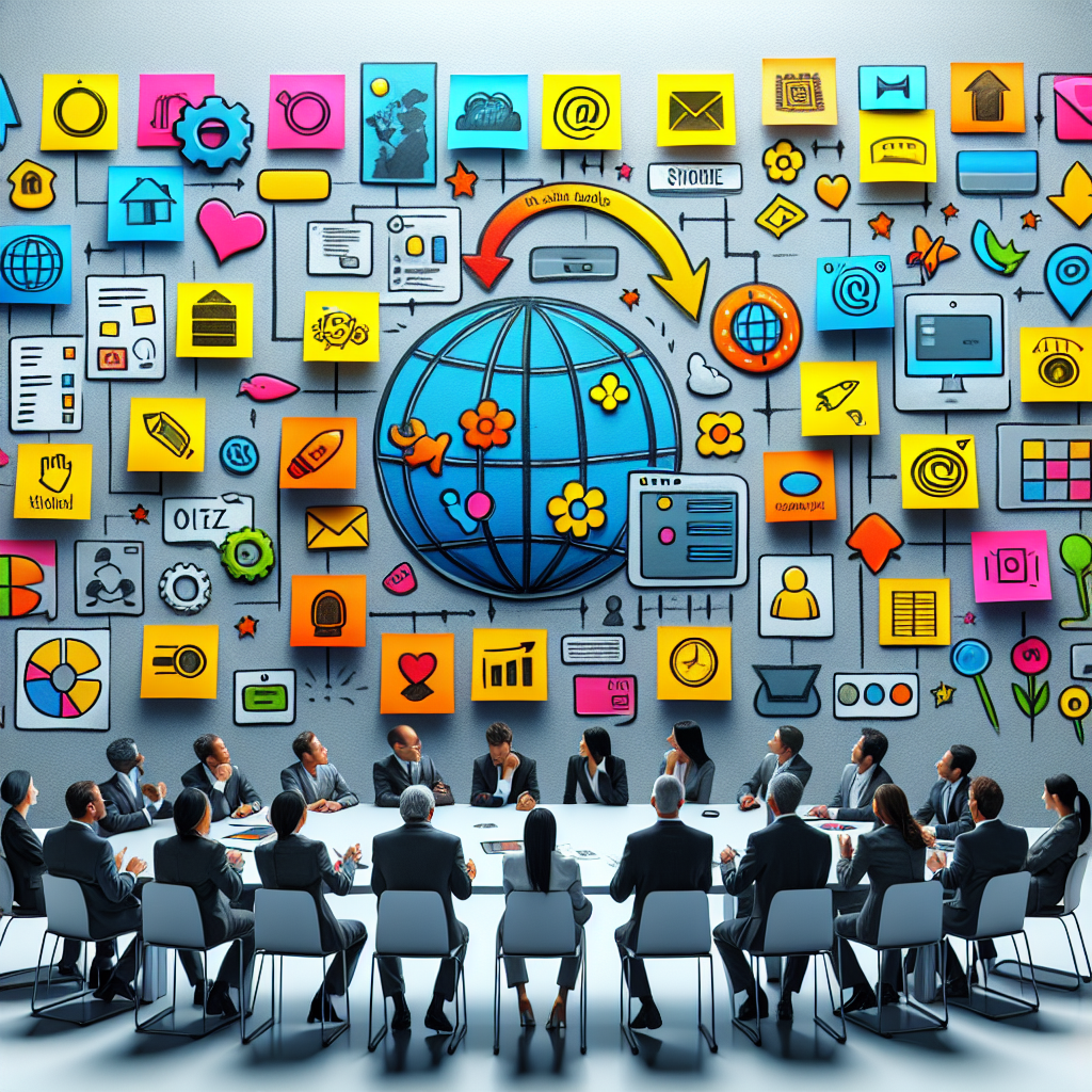 Un tableau blanc avec des notes autocollantes représentant différentes fonctionnalités de site web.