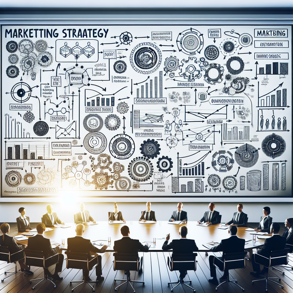 Un tableau blanc avec des schémas de stratégies marketing.