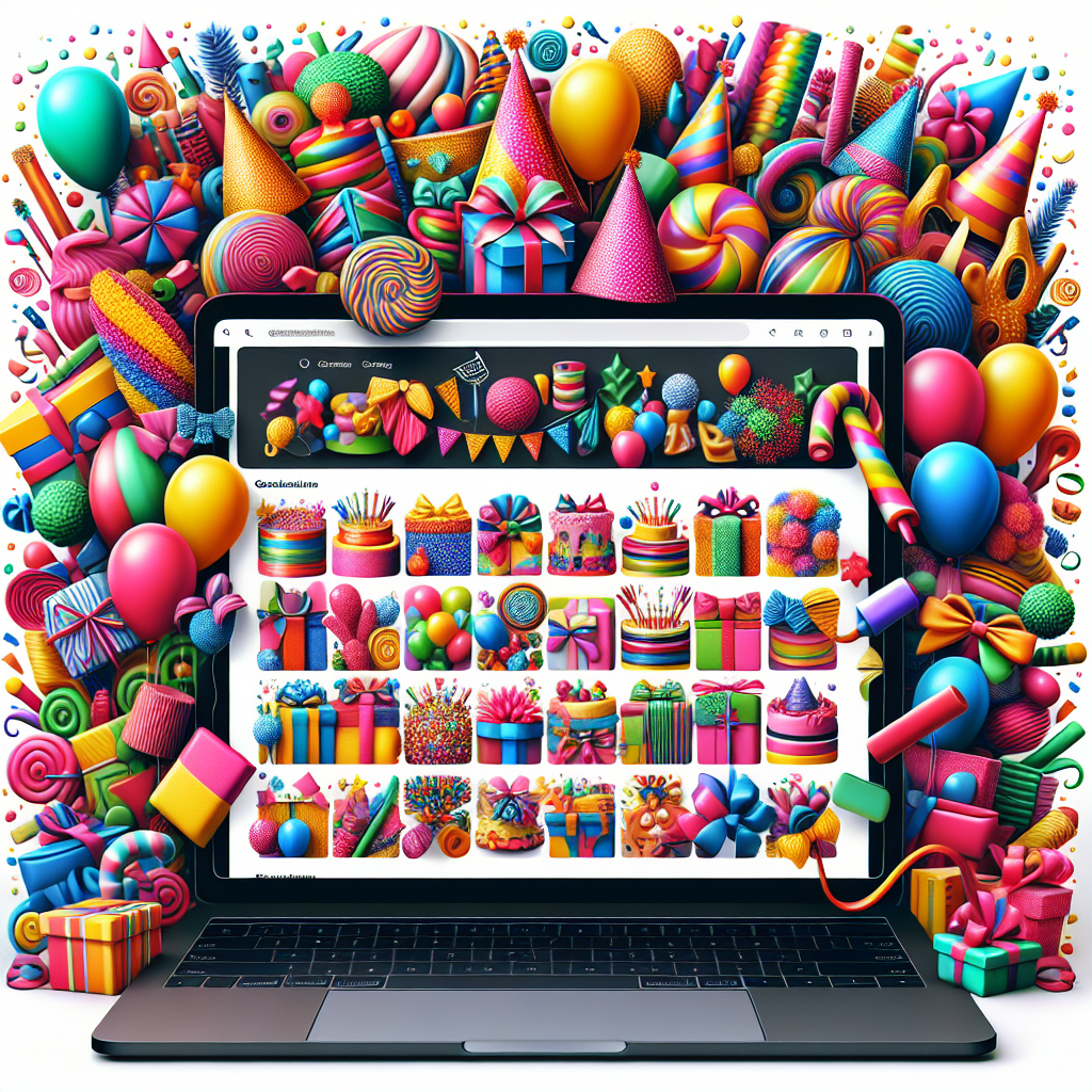 Une galerie de produits en ligne avec des images de matériel de fête.