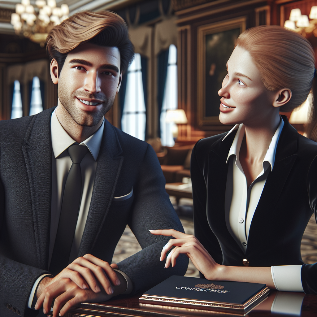 Une image d'un client satisfait discutant avec un concierge.
