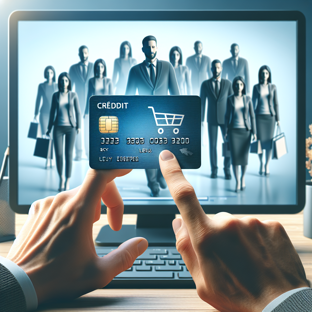 Une main tenant une carte de crédit devant un écran d'ordinateur.