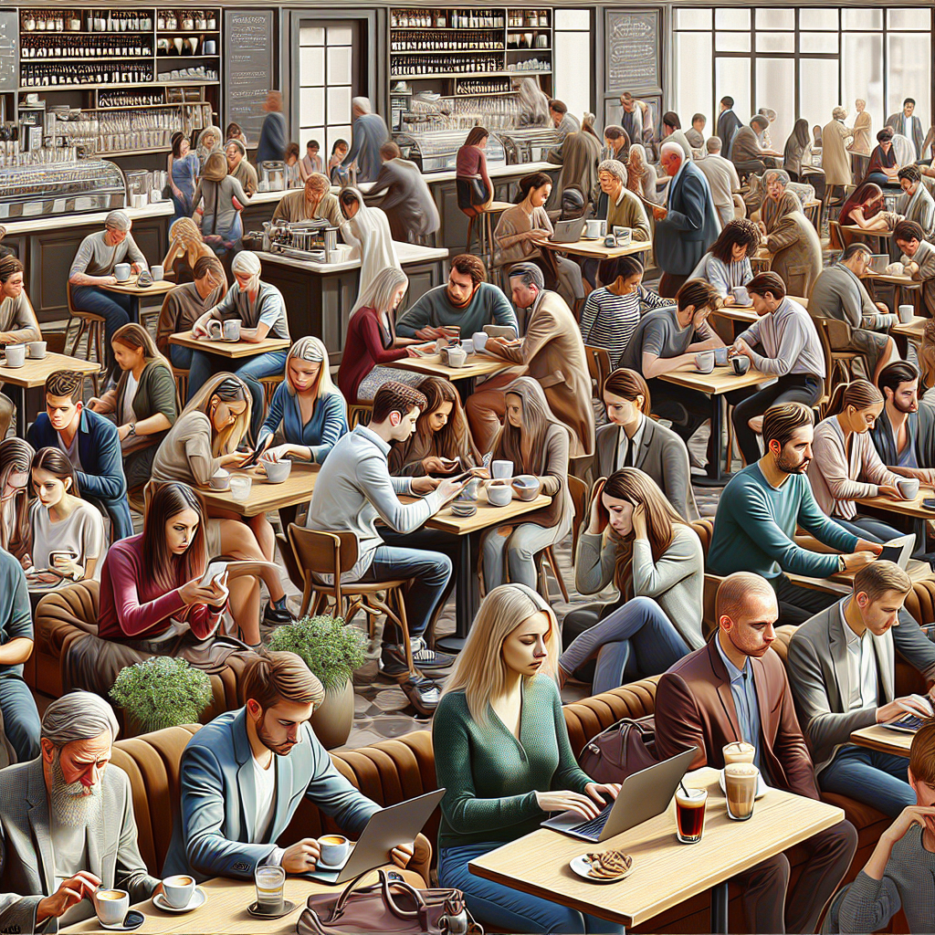 Une scène de café avec des personnes utilisant des ordinateurs portables et des smartphones.